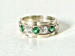 Vintage Sterling Silver 1997 - Green & Clear Diamante Half Eternity Band Ring U