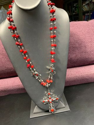 Vintage 80’s Red Coral Cross Rhinestone Necklace Madonna Style 26 Inches Long