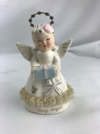 Vintage Porcelain May Angel With Present And Metal Halo Figurine 4”h