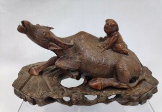 Antique Chinese Wooden Carving Of Water Buffalo & Boy