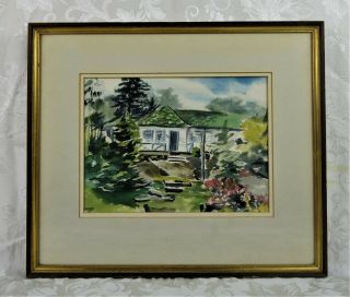 Vintage Mid Century Watercolor Painting Landscape Scene Of House And Trees