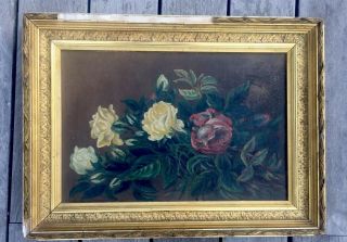 Antique Vintage Yellow Red Roses Oil Painting Framed Still Life Floral