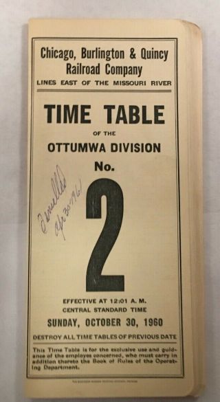 Vintage Railroad Employee Timetable Tt Chicago Burlington & Quincy Ottumwa 1960