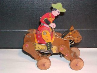 Vintage Made In Japan Wooden Toy Windup Cowboy On Horse,  Pat.  No.  120377