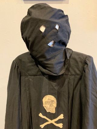 Antique Odd Fellows Skull & Bones Hooded Black Robe Scene Bearer Costume Mask