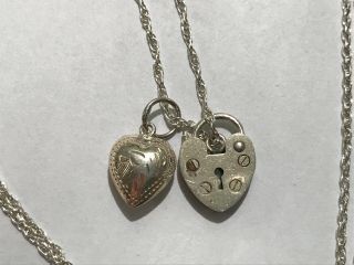 Lovely Vintage Sterling Silver Etched Puffy And Padlock Hearts Pendant Necklace