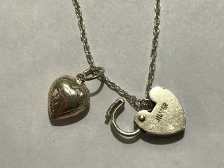Lovely Vintage Sterling Silver Etched Puffy and Padlock Hearts Pendant Necklace 2