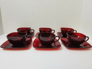 Vintage Royal Charm,  Ruby Red Glass,  Set Of 6 Square Cups & Saucers