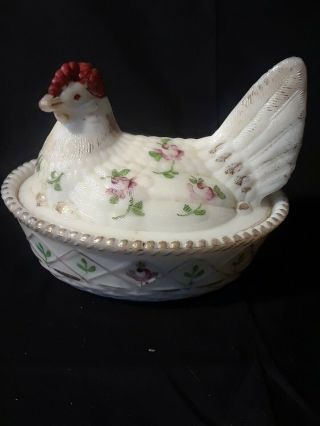 Vintage/antique Milkglass Chicken On A Nest With Painted Violets