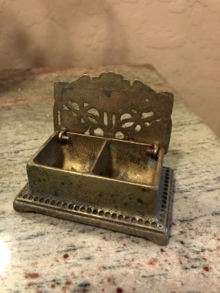 Vintage Brass Postage Stamp Holder Box Daisy Design & Hinged Desk Accessories