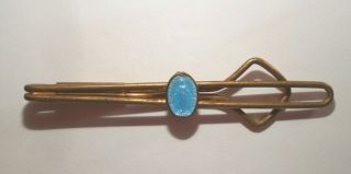 Vintage Religious Tie Clip - Blue Enamel Miraculous Mary Medal - Antique - Brass Metal