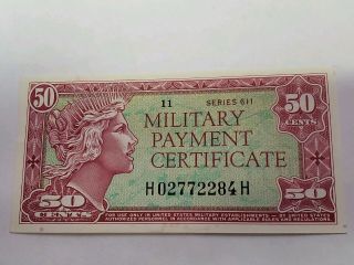 Vtg Us Military Payment Certificate Mpc 50 Cents Note Series 611 Circulated 11