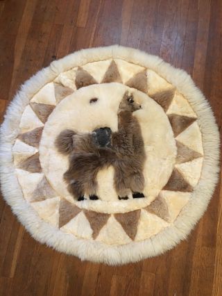 Vintage Large 38 " Furry Round Alpaca Llama Sheepskin Fur Throw Rug