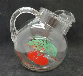 Vintage Clear Glass Tilt Ball Juice Pitcher With Red Tomatoes 6 " Usa