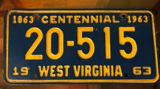 Vintage 1963 West Virginia Blue License Plate Number: 20 - 515 Centennial