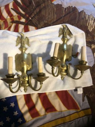 Pair Vintage Brass Wall Lights Sconces With Eagles,  Antique