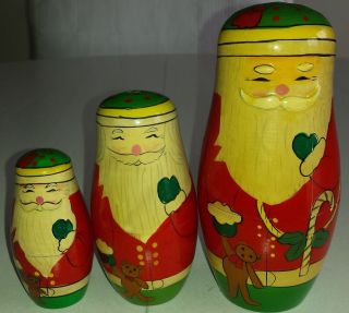 Set Of 3 Vintage Wooden Santa Christmas Themed Russian Nesting Stacking Dolls