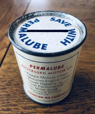 VTG 1950 ' S PENN AMOCO PERMALUBE OIL 2 - 3/4 INCH TALL METAL CAN COIN BANK 3