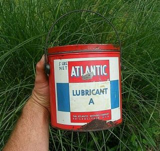 Vintage Atlantic Service Station Garage Oil Gas Grease Tin Can Pail 5 Pound Size