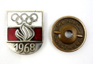 Olympic Games Grenoble & Mexico 1968 Poland Noc Olympic Committee Pin W/screw