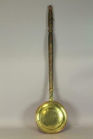 An 18th C Brass & Copper Bedwarmer Engraved Lid Spatter Painted Handle