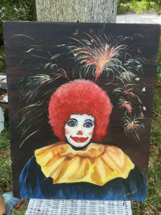 Vintage Oil Painting Signed Colorful Woman Clown With Red Afro Fireworks Bright