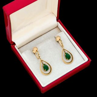 Antique Vintage Deco 18k Yellow Gold Chinese Nephrite Jade 1.  4 " L Drop Earrings