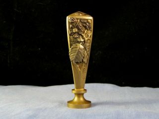 French Antique Gilded Bronze Desktop Seal Signed H Boyer Flowers Berries