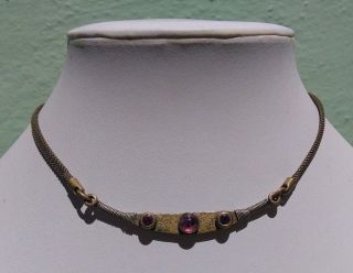 Marjorie Baer Vintage Brass & Silver Tone Purple Glass Cabochons Necklace