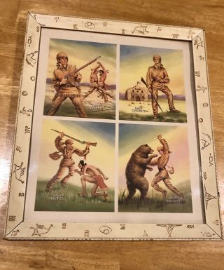 Vintage Davy Crockett Four Picture Art Print In Western Frame,  Wood With Glass