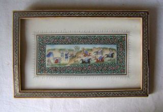 Vintage Persian Miniature Painting In Khatam Micro Mosaic Inlaid Frame A/f