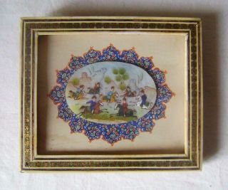 Vintage Miniature Painting On Mop Pearl In Khatam Micro Mosaic Inlaid Frame