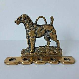 Vintage Pipe Rack Brass Wire Haired Fox Terrier 5 Slot Wall Hang
