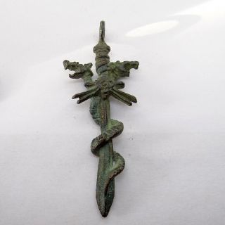 Celtic Nord Ancient Artifact Bronze Pendant With Sword And Two Monsters