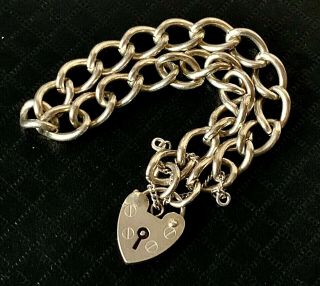 Vintage Solid Sterling Silver Chain Link Heart Padlock Bracelet - 7inch