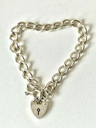 Vintage Solid Sterling Silver Chain Link Heart Padlock Bracelet - 7inch 2