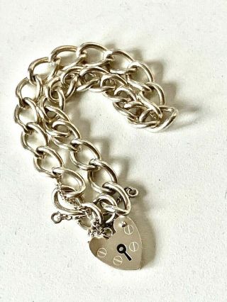 Vintage Solid Sterling Silver Chain Link Heart Padlock Bracelet - 7inch 3