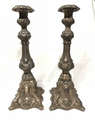 Antique Victorian Cast Bronze Candle Holders - Large - Pair - Footed Designs Set