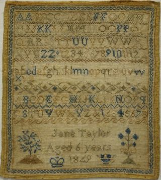 Small Mid 19th Century Alphabet & Motif Sampler By Jane Taylor Aged 6 - 1849