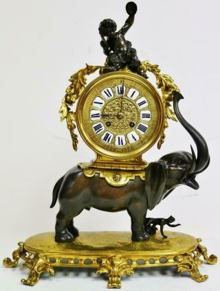 Very Rare Large Antique French 14 Day 2 Tone Bronze Ormolu Elephant Mantle Clock