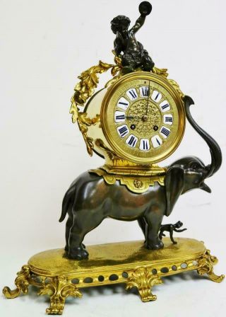 Very Rare Large Antique French 14 Day 2 Tone Bronze Ormolu Elephant Mantle Clock 3