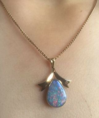 Antique Solid Rose Gold & Australian Black Opal Pendant On Solid Gold Chain.