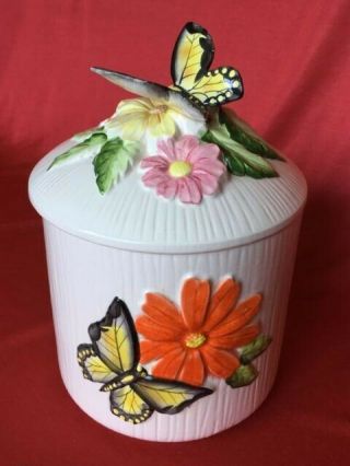 Vintage Butterfly Cookie Jar Canister Orange Yellow Pink Flowers Made In Japan