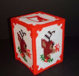 Vtg.  Plastic Canvas Needlepoint Rudolph Reindeer Tissue Box Cover Christmas