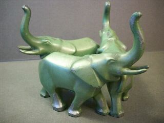 Vintage Art Deco Bronzart Cast Metal 3 Green Elephants Figure