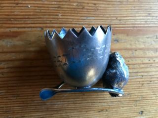 Vintage Egg Cup Bird & Egg On Wish Bone Best Wishes Silver Plate