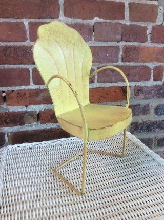 Vintage Style Pressed Steel Yellow Lawn Chair For Doll Or Bear 12 1/2”