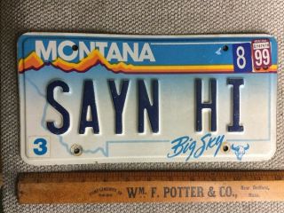 Vintage 1999 Montana Vanity License Plate Sayn Hi Saying Hi