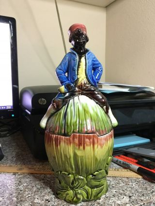 Antique Figural Majolica Black Americana Boy On Watermelon Tobacco Jar Humidor