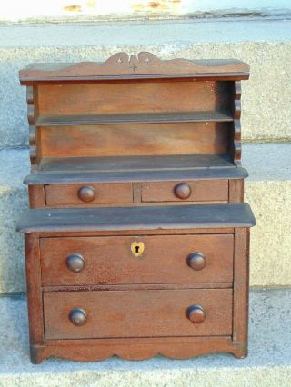 C.  1840 Antique Minuiature Chest Of Drawers With Shelves - Hand Made
